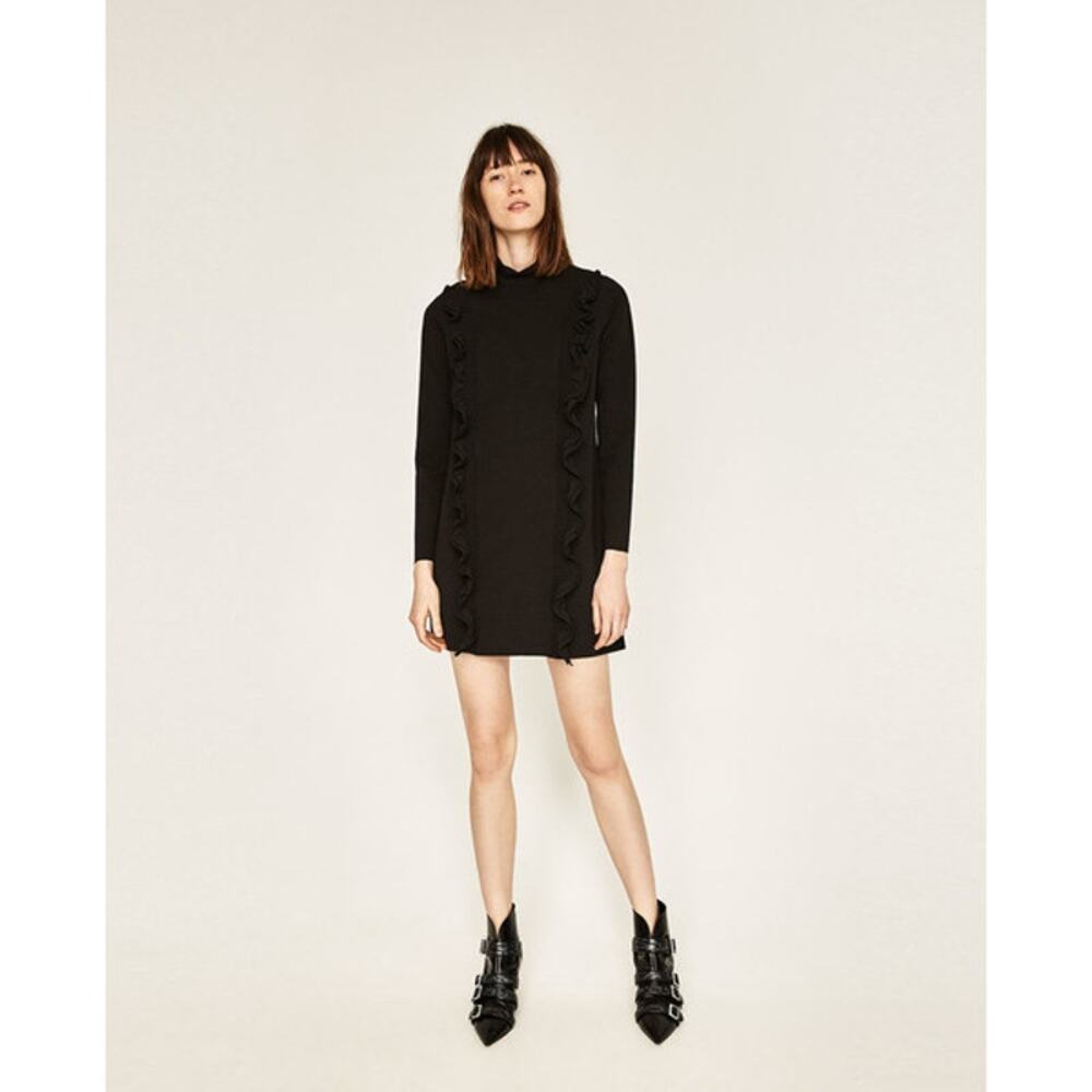 Zara | Black Mock Neck Dress Small Ruffle Front Long Sleeve